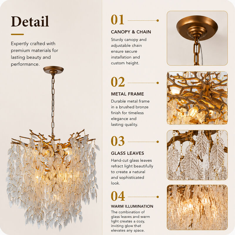 11-Light 22'' Modern Branch Chandelier with Glass Leaves in Painted Brass for Dining Room and Entryway image number 4
