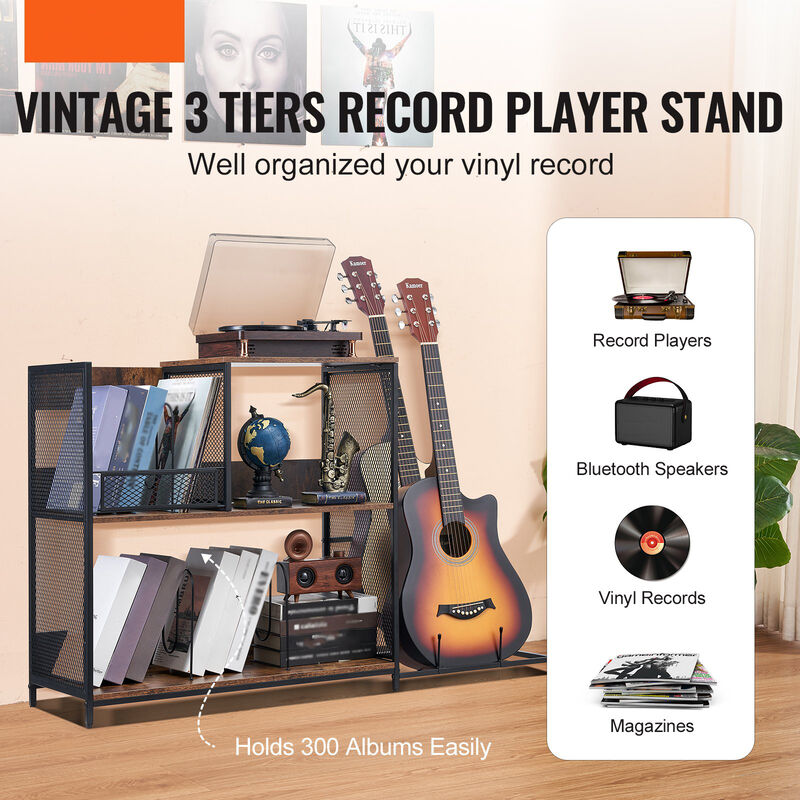 Vinyl Record Cabinet with Guitar Rack – 3-Tier Record Player Stand, Holds Up to 300 Albums, Turntable Table for Bedroom or Living Room