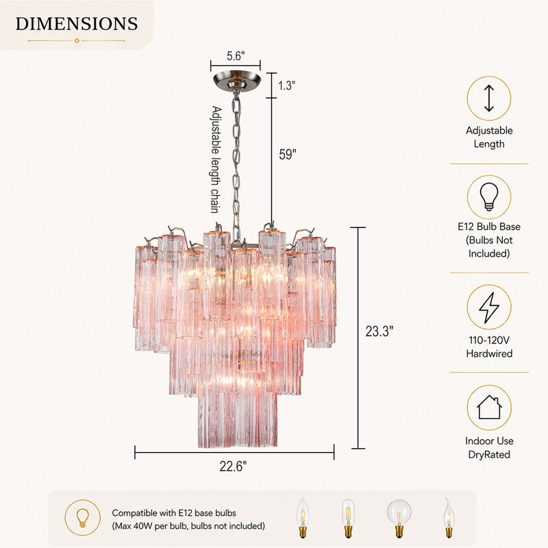 23'' Modern Pink Textured Glass Chandelier in Polished Nickel Elegant Glam Tiered Pendant Light for Dining Room or Wedding Venue image number 6