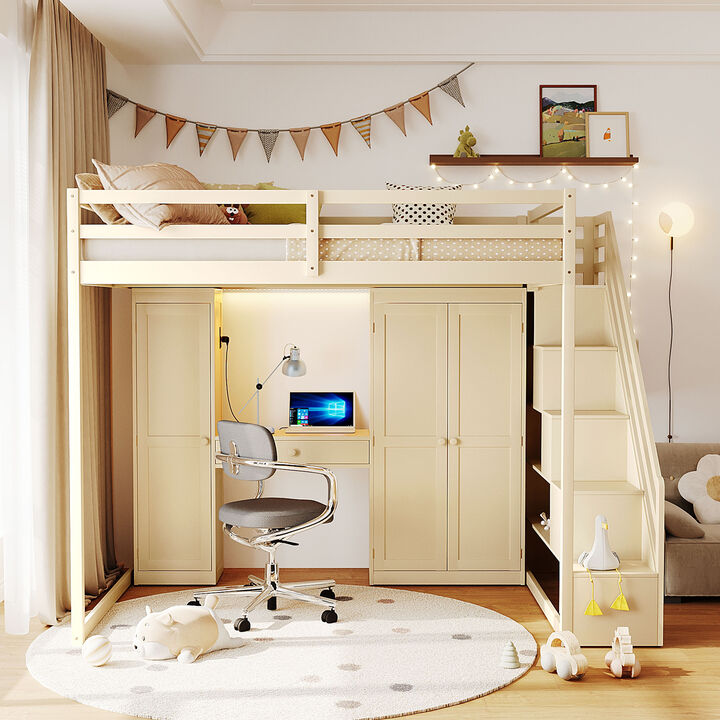 Merax Full Size Loft Bed with Staircase, Dressing Table, Wardrobe, 3-Tier Cabinet