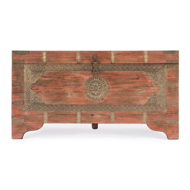 Butler Specialty Nador Hand-Painted Brass Inlay Storage Trunk Coffee Table, Pink