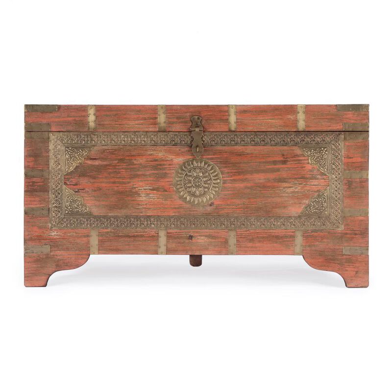 Butler Specialty Nador Hand-Painted Brass Inlay Storage Trunk Coffee Table, Pink
