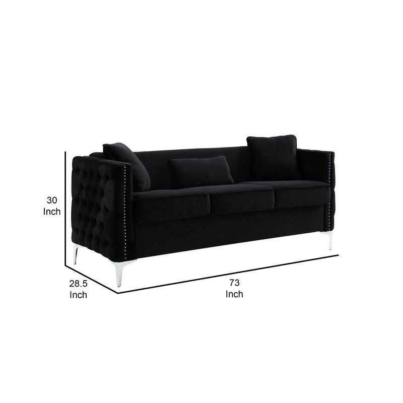Joel Modern Sofa with 3 Pillows, Tufted Black Velvet, Silver Legs-Benzara