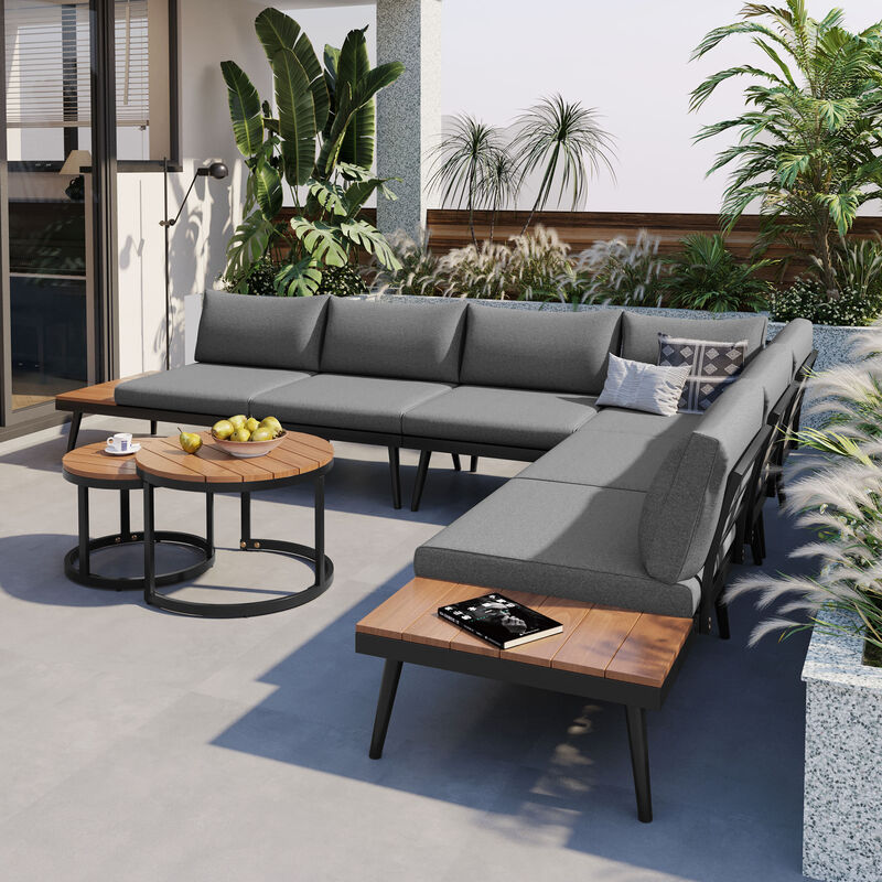 Clihome 6-Piece Outdoor Sectional Sofa Set with Round Nesting Coffee Tables and Seating Sofa with Cushions for Patio image number 4