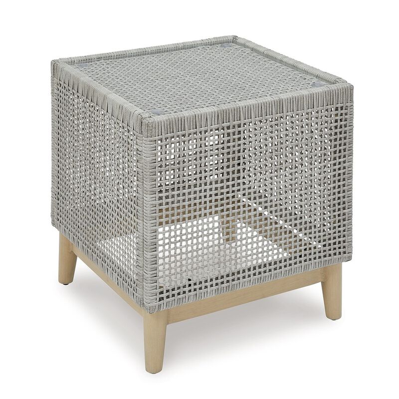 Yami 23 Inch Outdoor Side End Table, Resin Wicker, Tempered Glass Top, Gray - Benzara