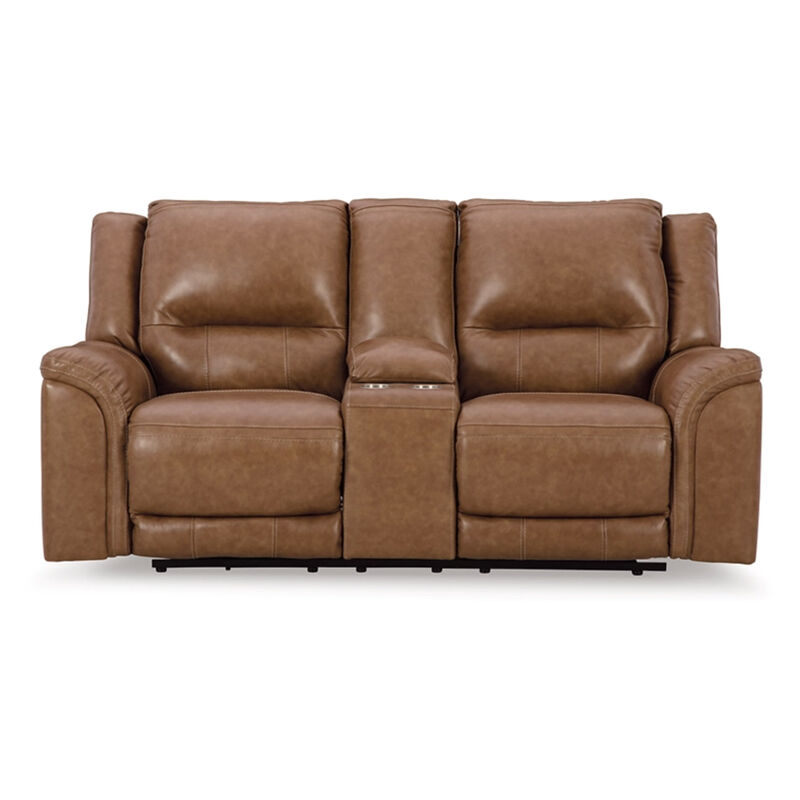 Trasi Power Recliner Loveseat, Caramel Brown Leather, USB Port 79 Inch - Benzara