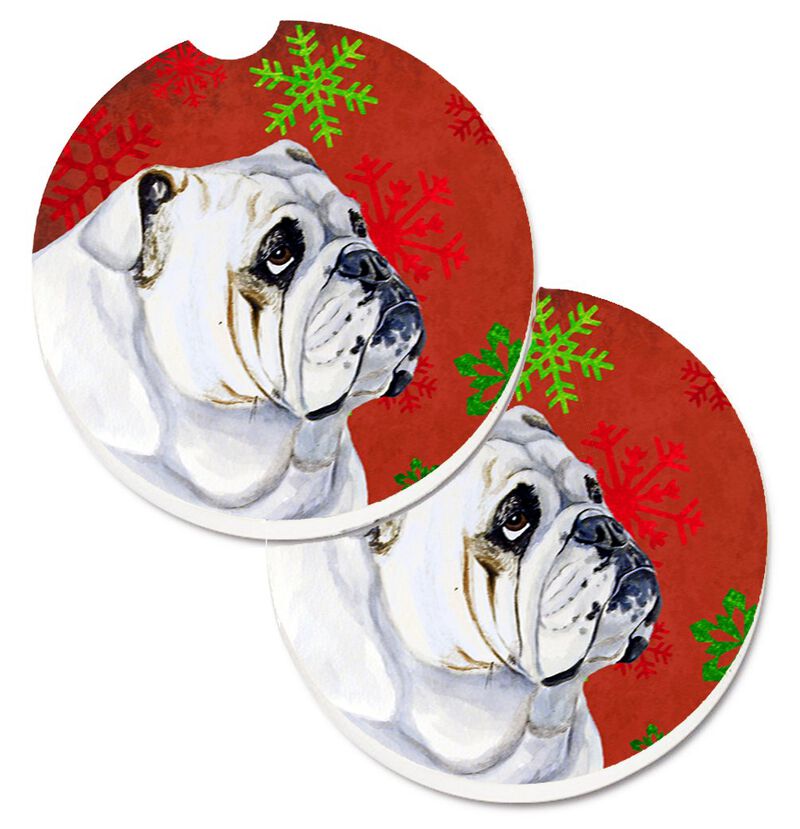 Caroline's Treasures Bulldog English Red & green Snowflakes Holiday Christmas Set of 2 Cup Holder Car Coasters LH9319CARC, 2.56, Multicolor image number 0