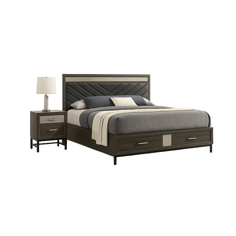 Lito 4pc Complete Queen Bedroom Set, Gray Upholstery, Footboard Drawers image number 2