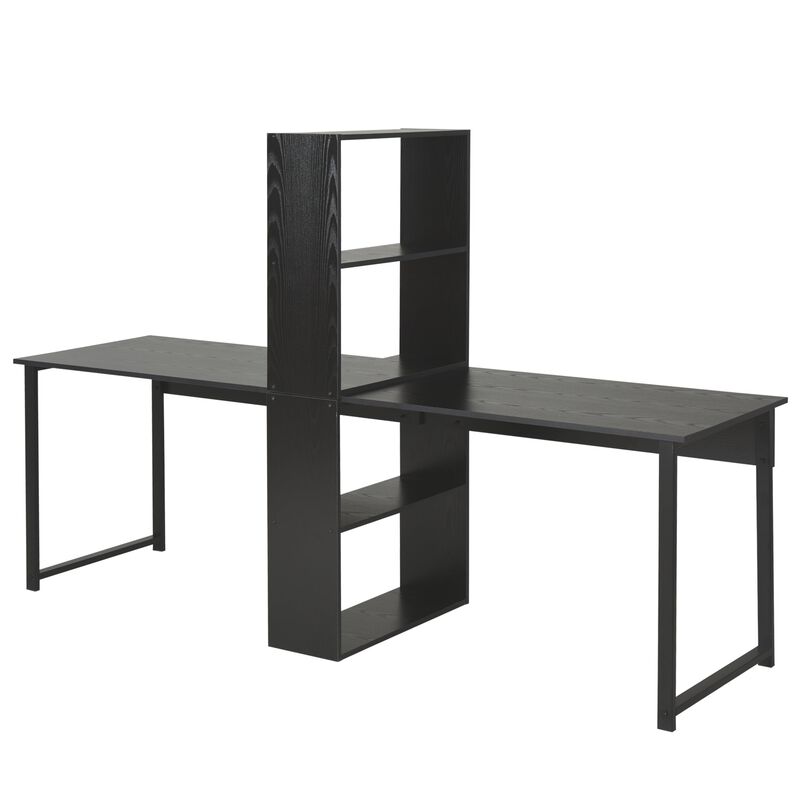 Black Shared Workspace: Extra Long 2-Person Desk with Bookshelf