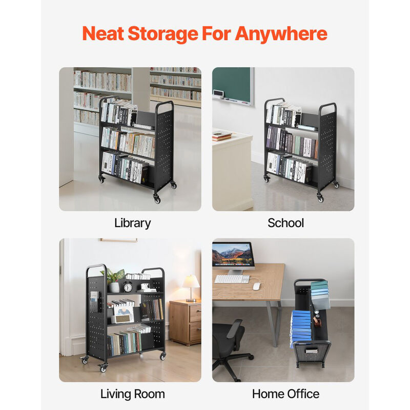 Single-Sided Rolling Book Cart with Lockable Wheels, Library Shelf for School & Office image number 5