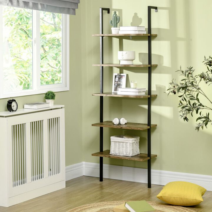 Brown Industrial Shelving: 5-Tier Wall Mount Ladder Shelf