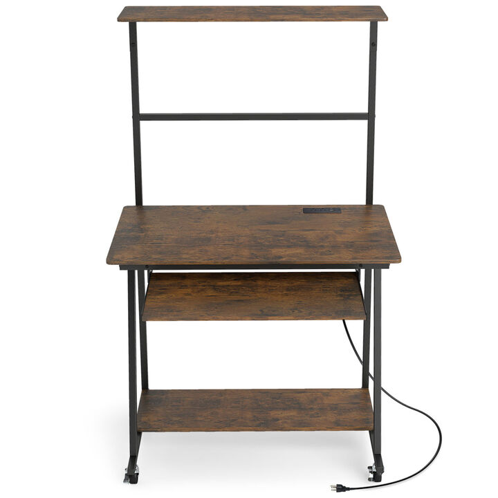 Small Rolling Computer Desk with LED Lights and Charging Station