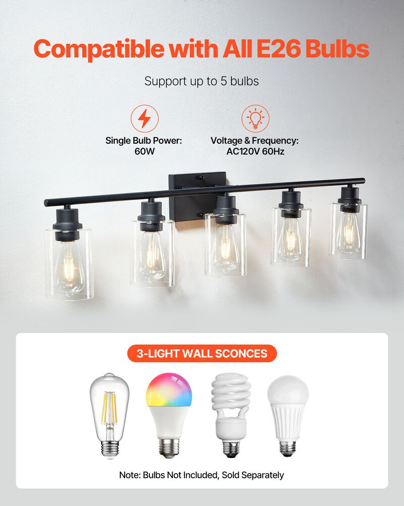 5-Light Bathroom Vanity &ndash; 37.1" Modern Wall Light with Clear Glass Shades image number 6