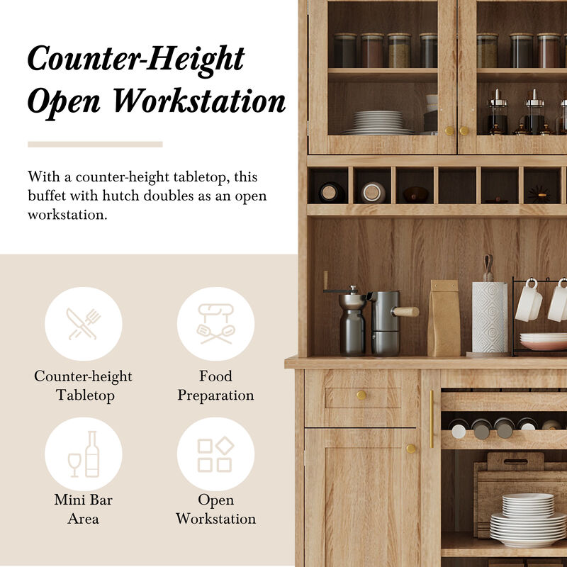Merax  Freestanding Buffet with Hutch Tall Kitchen Pantry Storage Cabinet with Wine Rack and Adjustable Shelves for Dining Room image number 3