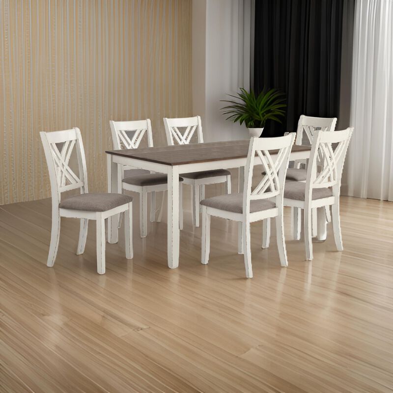 7 Piece Dining Set, Dry Brushed Weathered Wood Surface, Gray Upholstery - Benzara