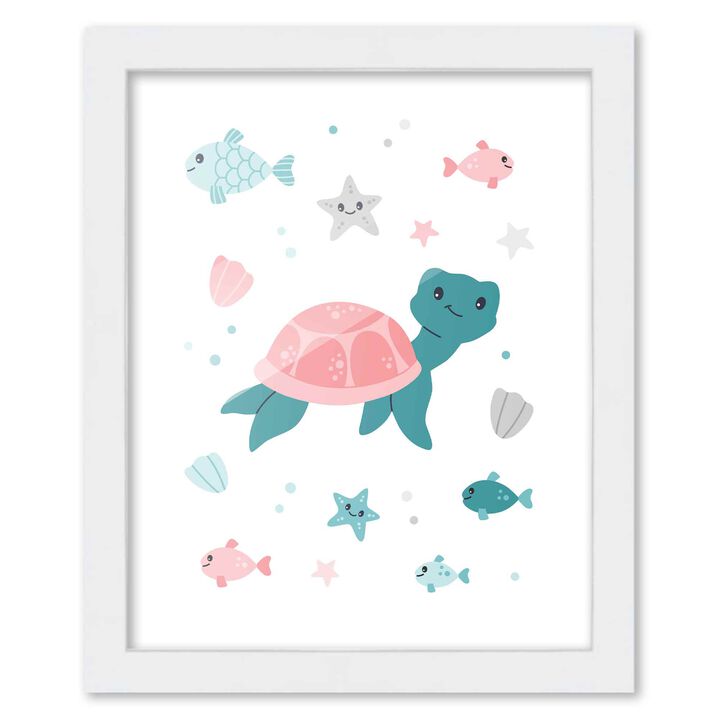 8x10 Framed Nursery Wall Art Turtle Poster In White Wood Frame For Kid Bedroom or Playroom