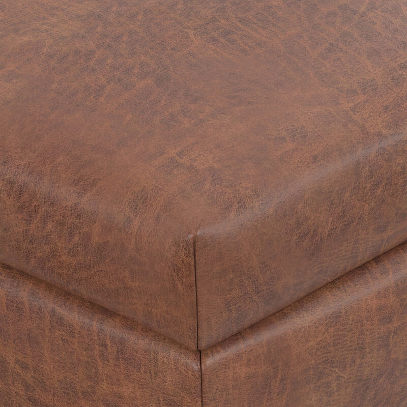 Rebecca 36 inch Wide Mid Century Rectangle Rectangular Coffee Table&nbsp;Storage Ottoman with Lift Up Lid in Distressed Saddle Brown Distressed Vegan Faux Leather, Assembled image number 8