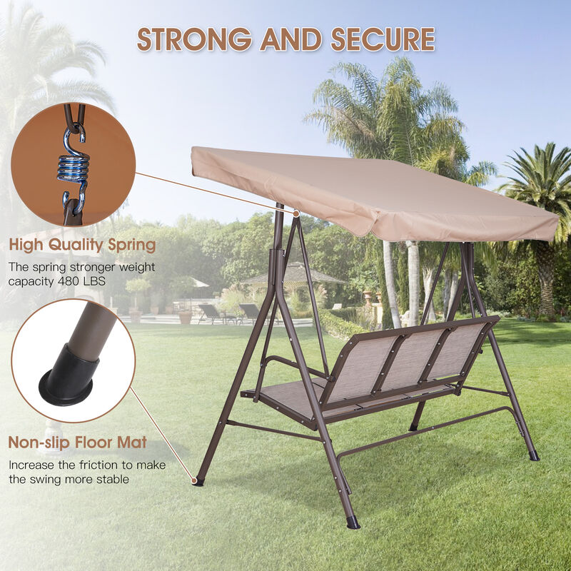 3 Person Outdoor Patio Swing with Steel Frame and Textilene Seats