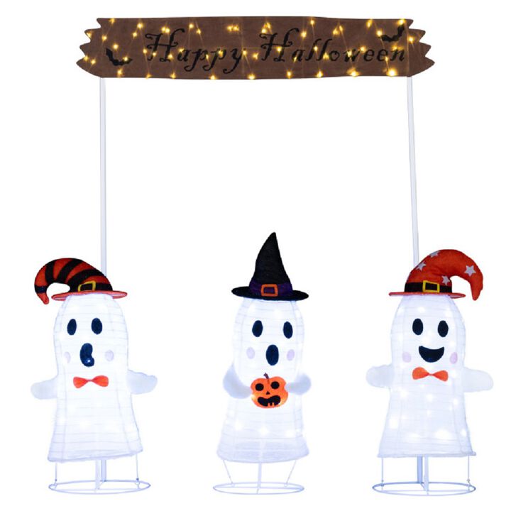 Pop- Up Ghost Halloween Decoration Set of 4 with Gate and LED Lights-White