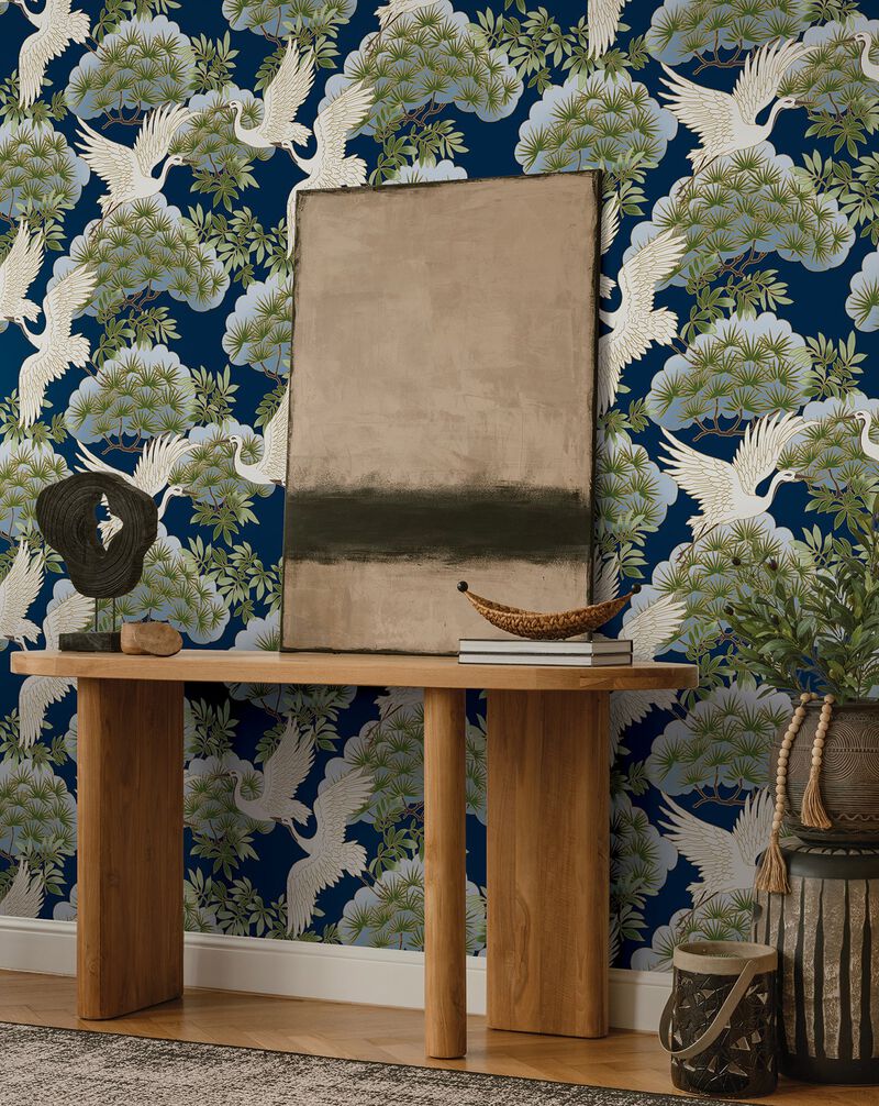 Sprig & Heron Navy Wallpaper (Double Roll) image number 4