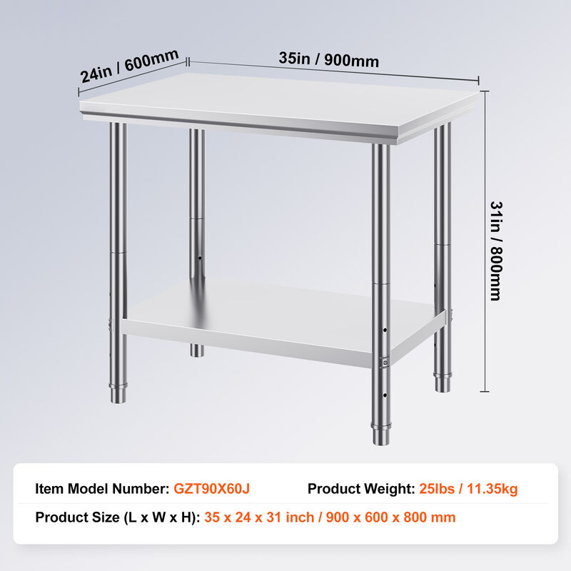 VEVOR Stainless Steel Work Prep Table Commercial Worktable Food Prep 90x60x80 cm image number 6