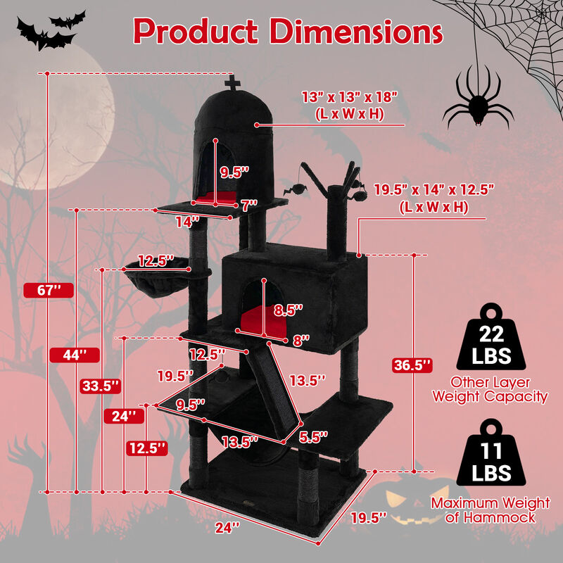 Gothic Cat Tree with 2 Cat Condos and Spooky Dangling Ball for Indoor Cats