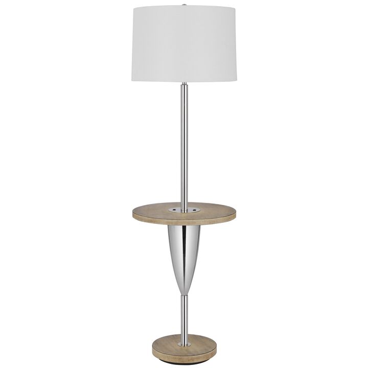 Charlie 61 Inch Modern Floor Lamp, Wood Table, 1 USB, Glossy, White, Brown - Benzara