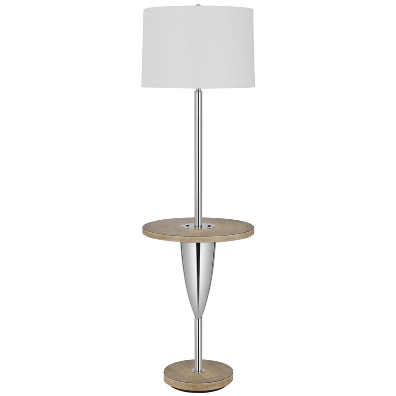 Charlie 61 Inch Modern Floor Lamp, Wood Table, 1 USB, Glossy, White, Brown - Benzara