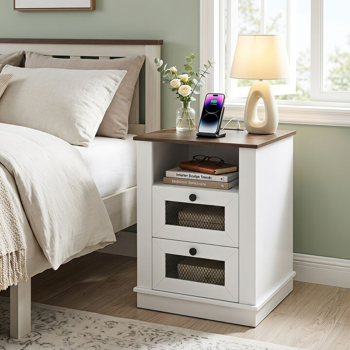 Modern Nightstand with Charging Station and 2 Storage Drawers for Bedroom