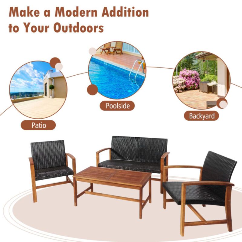 Hivvago 4 Pieces PE Rattan Patio Furniture Set with Solid Acacia Wood