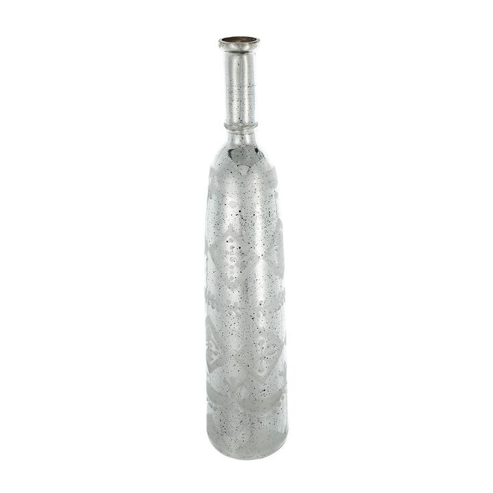 HomeRoots 30" Antiqued Silver Floral Glass Bottle Table Vase