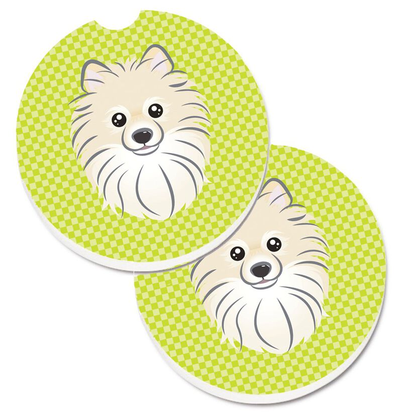 Caroline's Treasures Checkerboard Lime green Pomeranian Set of 2 Cup Holder Car Coasters BB1269CARC, 2.56, Multicolor