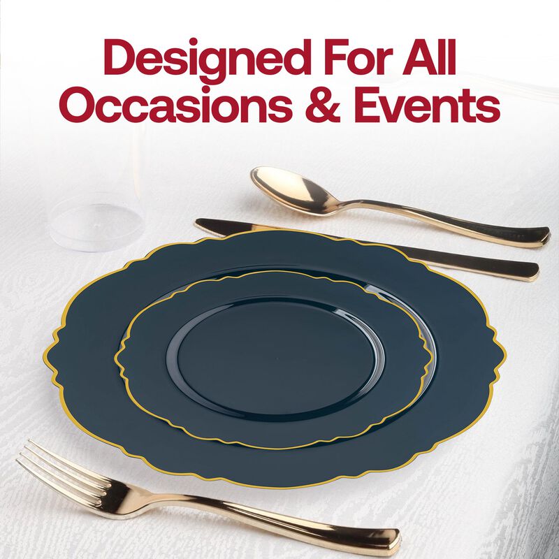 Navy with Gold Rim Round Blossom Plastic Dinnerware Value Set (40 Sets) image number 7