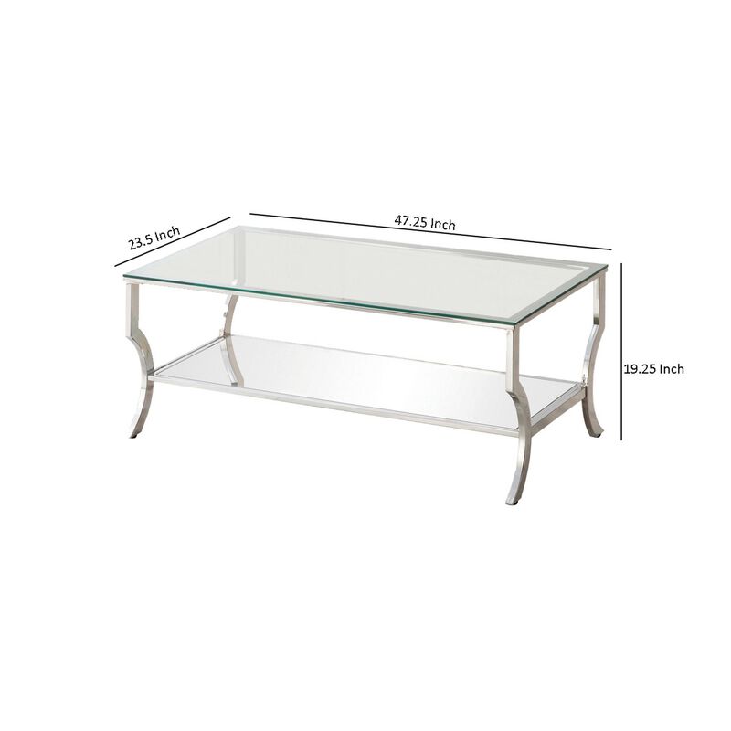 Glass Top Coffee Table with Metal Frame and Mirror Shelf, Chrome