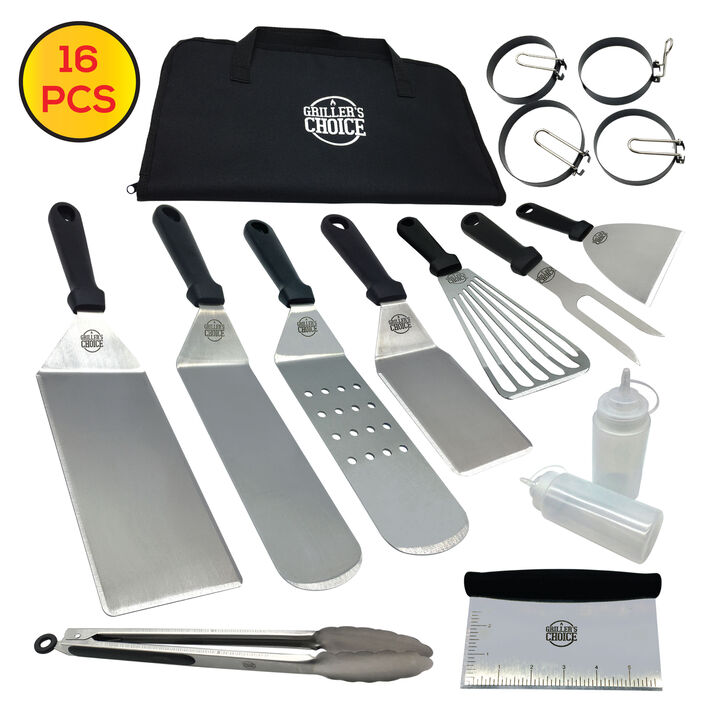 Grillers Choice- 16 PC Griddle Accessories Set- Metal Spatula Set, Commercial Heavy Duty Stainless Steel,Flat Top,Grill,Hibachi,BBQ Grilling Utensils