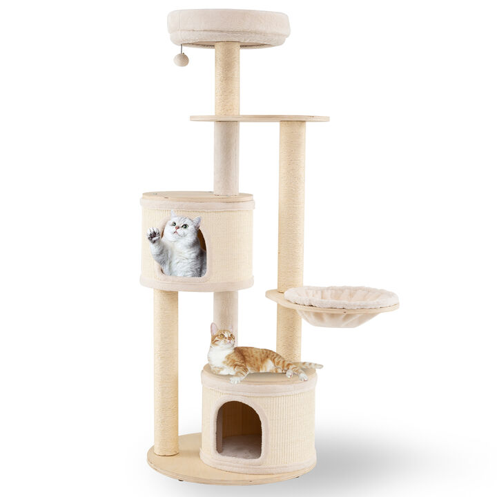 Kitten Cat Tree Wooden Tower with Sisal Scratching Posts and 2 Condos-Natural