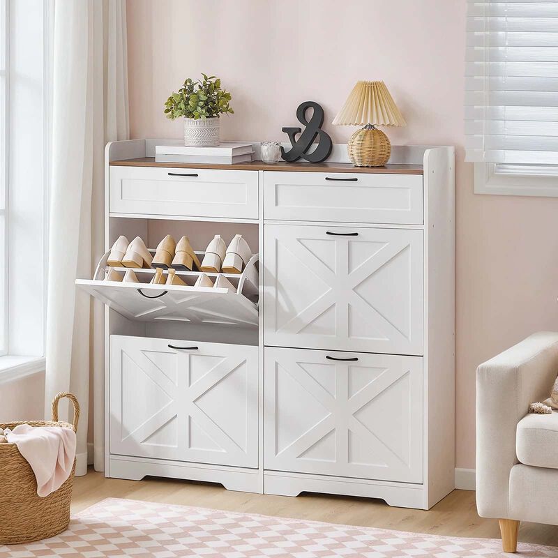 Farmhouse Style Shoe Organizer Cabinet with Flip-Down Storage Drawers-White image number 1