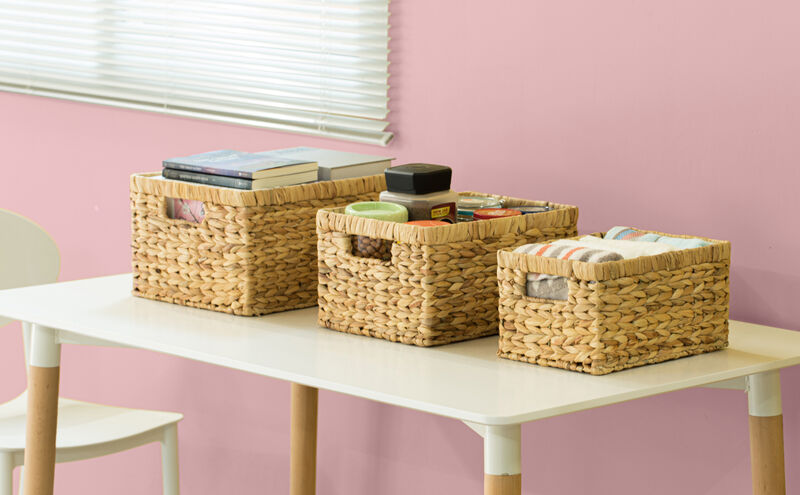 Natural Woven Water Hyacinth Wicker Rectangular Storage Bin Basket with Handles, Set of 3