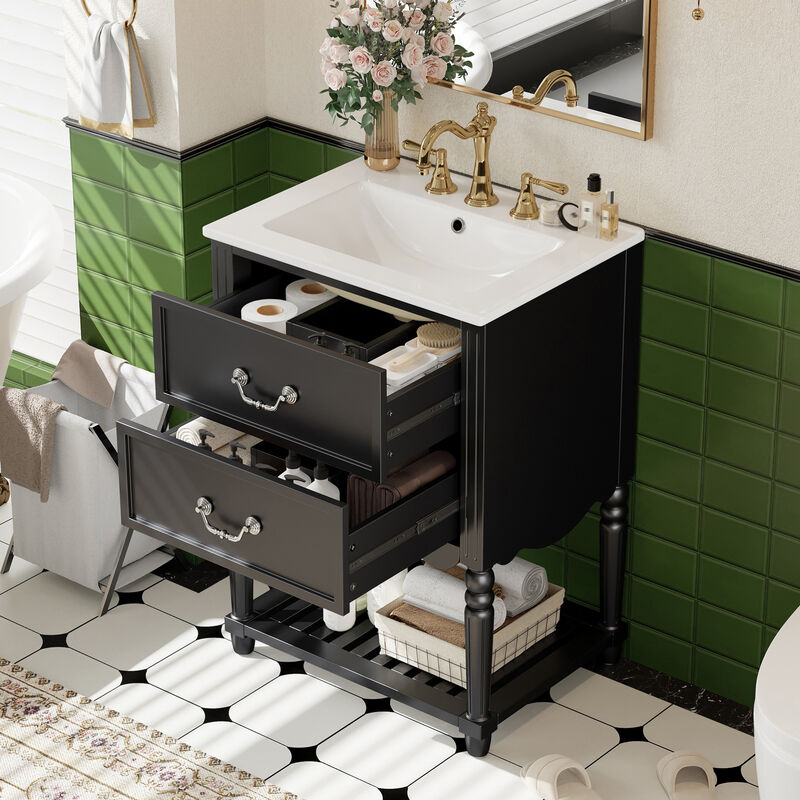 ELEMENT ACE 24 Inch Bathroom Vanity with Ceramic Sink, Bathroom Storage Cabinet with Two Soft-Close Drawers and Open Shelf, Vintage Elegant Wave Design for Bathroom Use image number 3