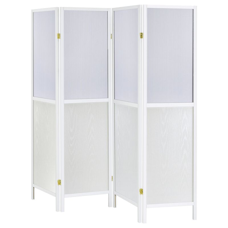 Matt 4 Panel Screen Room Divider, Folding Modern White Finish, 70 Inch - Benzara