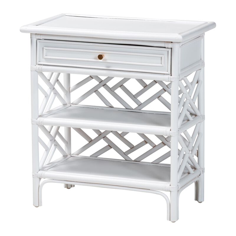 bali & pari Tiaret Natural Rattan Nightstand with Drawer and Shelves – Chippendale-Style Bedside Table for Bedroom or Coastal Living Spaces, White