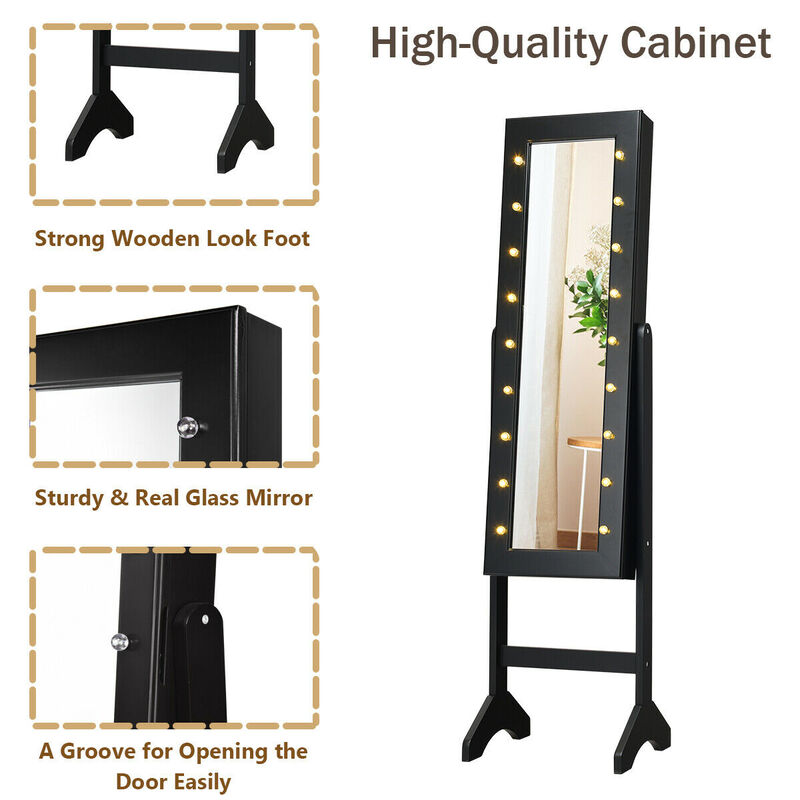 Mirrored Jewelry Cabinet Armoire Organizer w/ LED lights-Black
