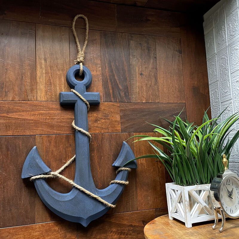 Large 24"x16" Ship Anchor & Rope Wall Hanging - Hand-Painted Blue Finis image number 8
