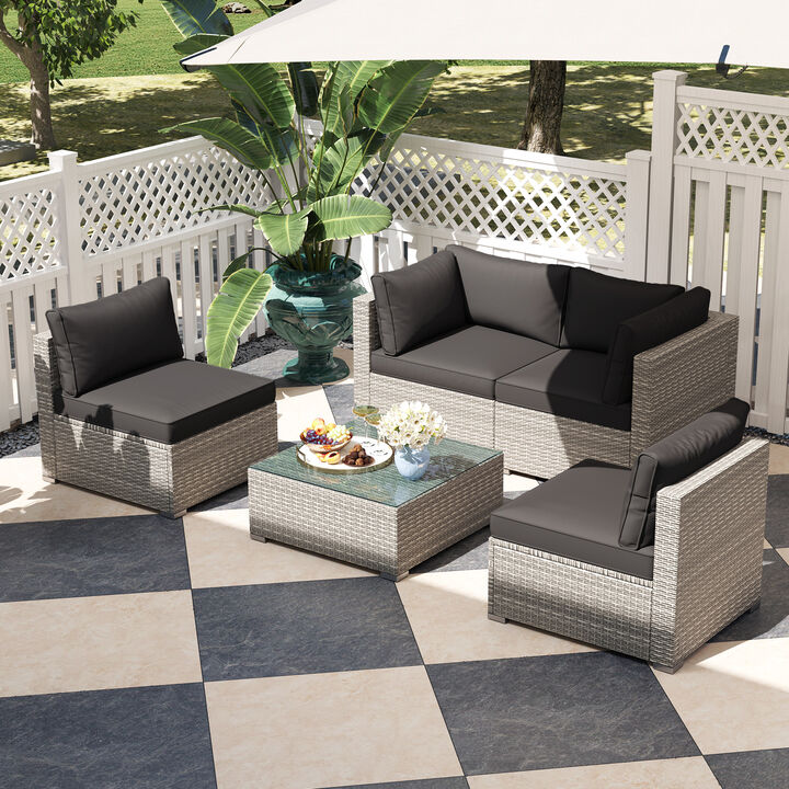 5-Piece Outdoor Patio Sectional Sofa Couch and Glass Coffee Table with Cushions