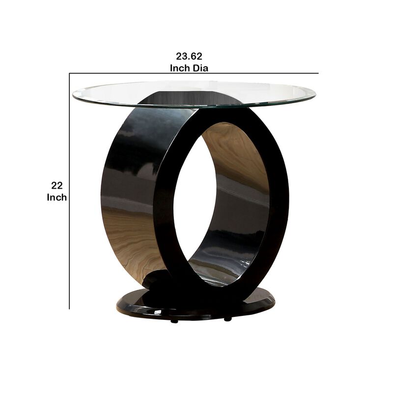Contemporary Tempered Glass Top End Table with O Shape Base, Black-Benzara