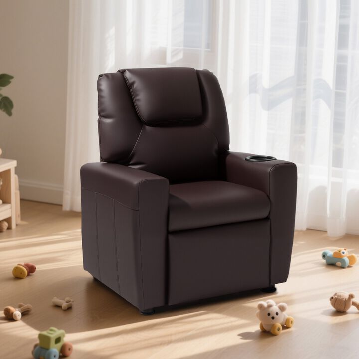 Kids PU Leather Recliner Sofa with Cup Holder Adjustable Backrest and Footrest
