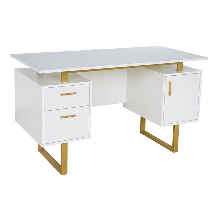 Techni Mobili White and Gold Desk for Office with Drawers & Storage