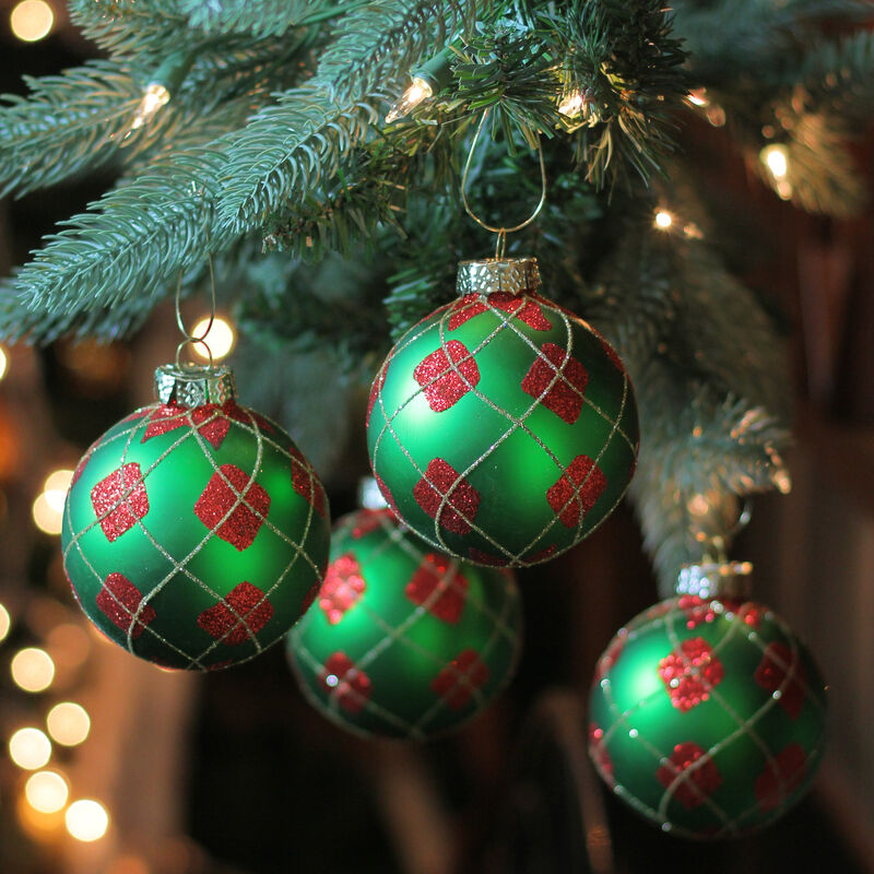 4ct Green and Red Argyle Diamond Pattern Christmas Ball Ornaments 3.25" (80mm) image number 1