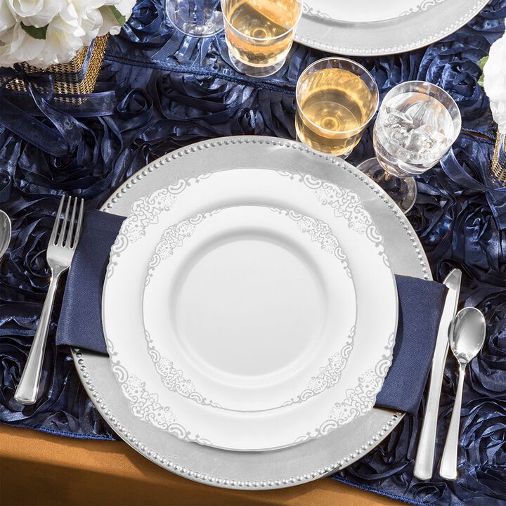 White with Silver Fancy Round Plastic Wedding Value Set (120 Sets)