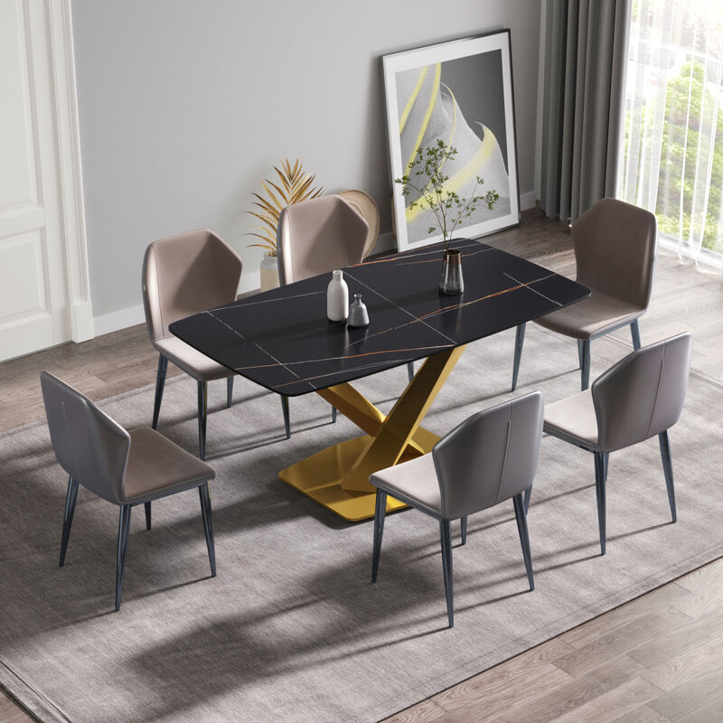 63" Modern artificial stone black curved golden metal leg dining table -6 people